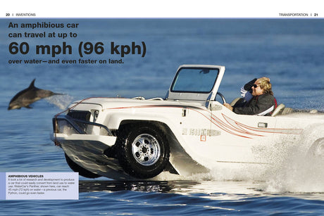 Pocket Genius Inventions showing an amphibious car traveling on water with a dolphin jumping nearby.