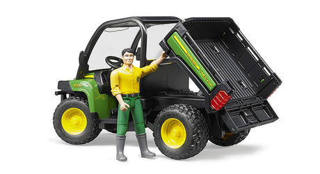 John Deere Gator XUV 855D toy with tipping loading platform and driver figure for indoor and outdoor play.