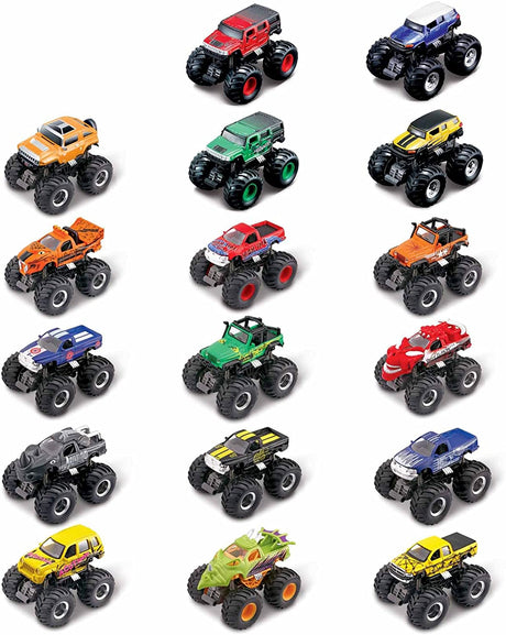 Earth Shockers Monster Truck die cast metal toy with pullback motor and giant soft tires in assorted colors.