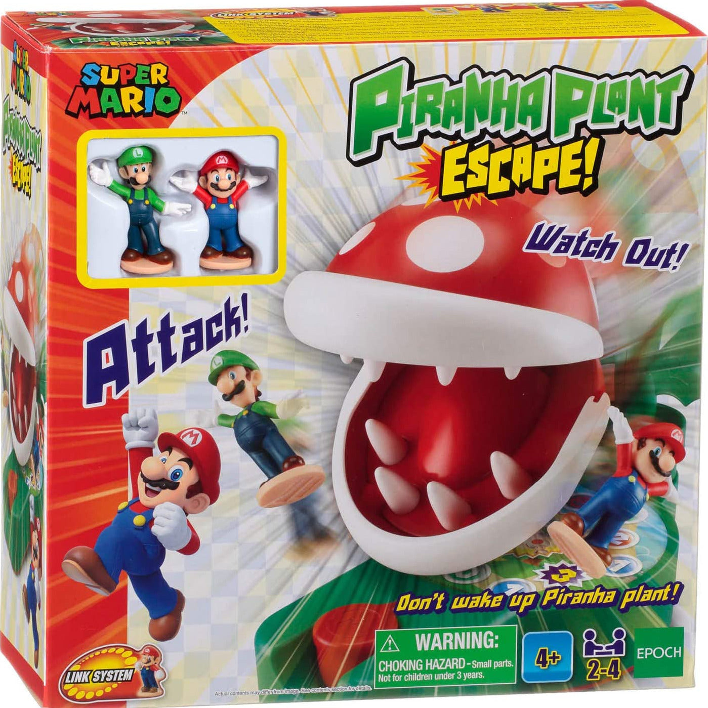 Super Mario Piranha Plant Escape! game box featuring Piranha Plant and Super Mario and Luigi action figures.