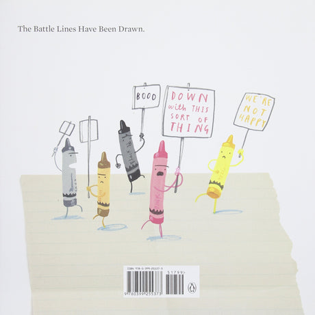 Back cover of The Day the Crayons Quit showing illustrated crayons holding protest signs in a friendly style.
