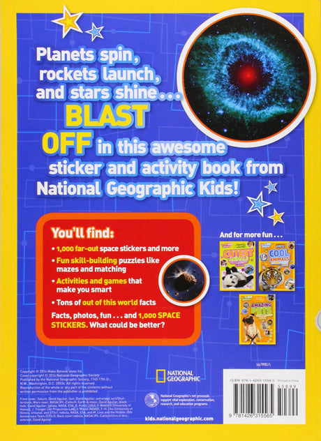 Back cover of Super Space Activity Sticker Book showing space facts, puzzles, and sticker highlights for kids ages 4-8.