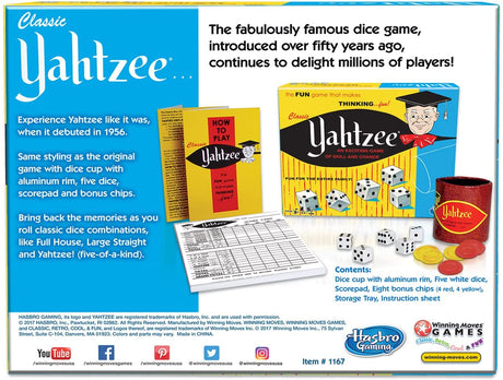 Classic Yahtzee game set with dice cup, five dice, scorepad, chips, and instruction sheet in classic packaging.