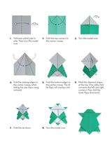 Step-by-step origami folding instructions for a frog in My First Origami Kit with colorful pre-decorated paper.