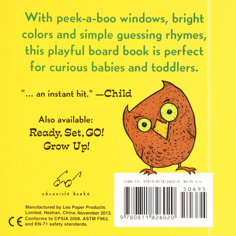 Peek a Who? board book back cover with playful owl illustration, bright colors, and text about interactive rhymes for toddlers.