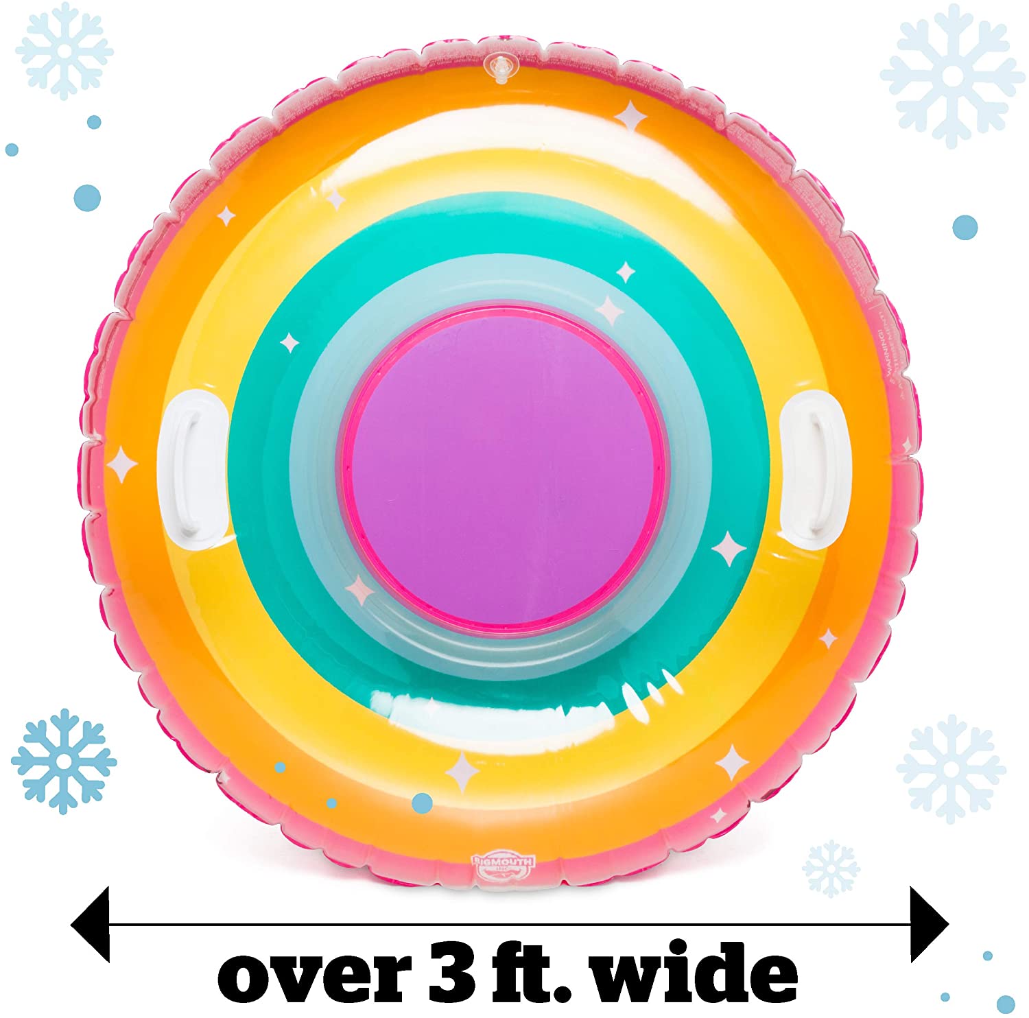 Snow Tube | Rainbow 3-foot wide inflatable snow tube with colorful rings and comfort grip handles for a smooth ride.