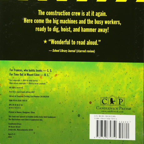 Back cover of Construction board book showing text about busy construction crew and big machines for preschoolers ages 3-5.