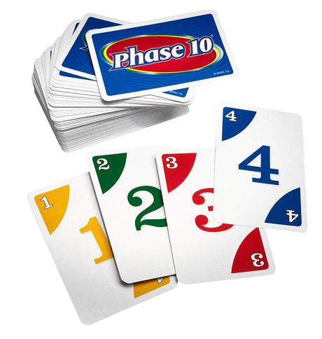 Phase 10 card game showing colorful numbered cards and a deck with the Phase 10 logo on the back.