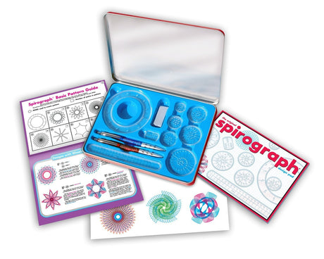 Spirograph Original Tin with precision wheels, design pens, putty, guidebook, and pattern sheets in a travel-friendly tin.