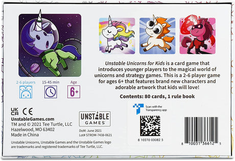 Unstable Unicorns Kids Edition game box showing colorful unicorn characters, 80 cards, and rule book for ages 6+