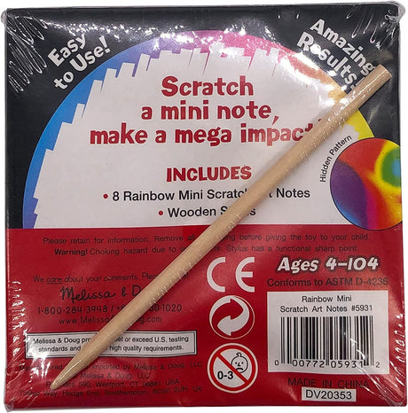 Scratch Art Mini Notes Rainbow pack with 8 rainbow sheets and wooden stylus for creative mini scratch art fun.