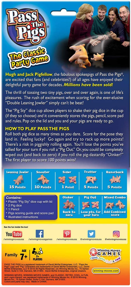 Back of Pass the Pigs game box with instructions, point values, and images of pig dice positions for family play ages 7 and up.