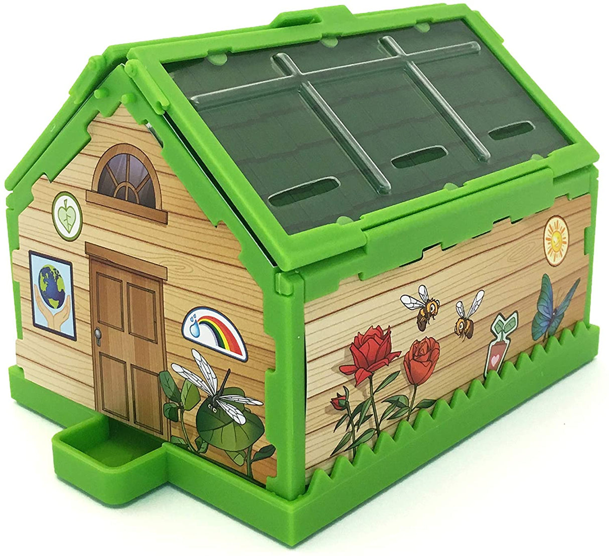 Tiny Tools Tiny Gardening miniature desktop greenhouse with green roof and illustrated garden-themed stickers.