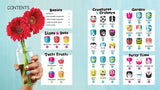 Nail Art set showing colorful nail designs like fruits, creatures, and garden themes on kids' fingers with a flower vase.