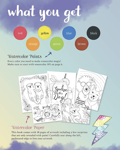 Watercolor Wonders kit includes watercolor paints, paper, and hidden design artworks for creative painting fun.