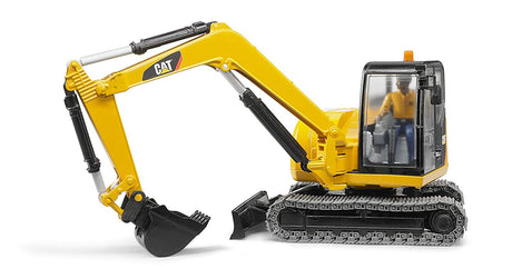 Cat Mini Excavator with Worker toy featuring a detailed yellow excavator and a construction worker figure.