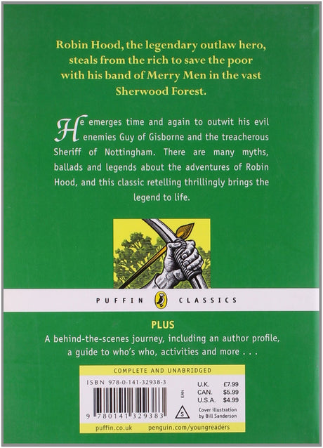 Back cover of The Adventures of Robin Hood showing a green background with text and a hand holding an arrow illustration.