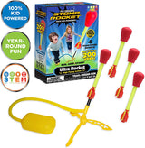 Stomp Rocket Ultra with 4 foam-tipped rockets, launch pad, and air hose launching rockets up to 200 feet high.