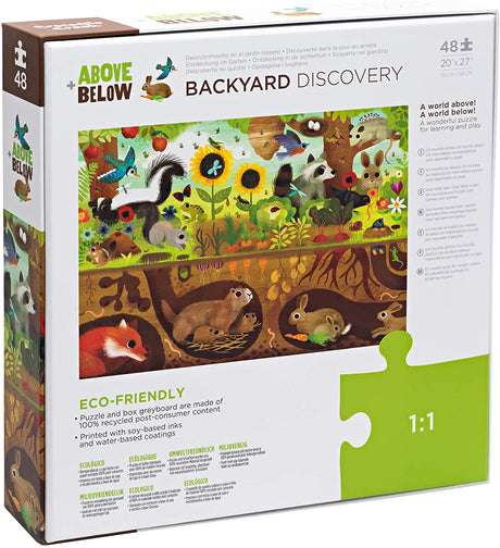 48pc Above & Below Backyard Floor Puzzle showing animals above and below ground in a colorful eco-friendly design.