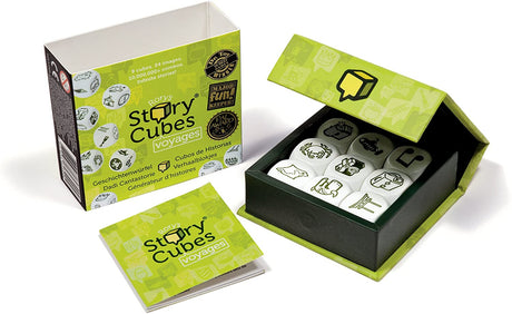 Rory's Story Cubes | Voyages with magnetic box and dice featuring travel-themed symbols for creative storytelling on the go.
