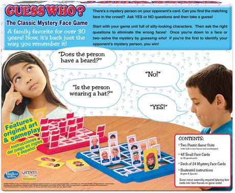 Guess Who classic mystery face game with two players using face cards and game units to guess the opponent’s mystery person.