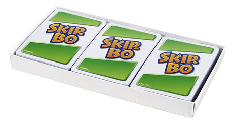 Skip-Bo card game set showing three decks of colorful Skip-Bo cards in a white tray for family fun.