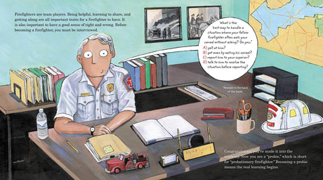Illustration from Firefighter's Handbook showing a firefighter at a desk with training materials and maps in a friendly style.