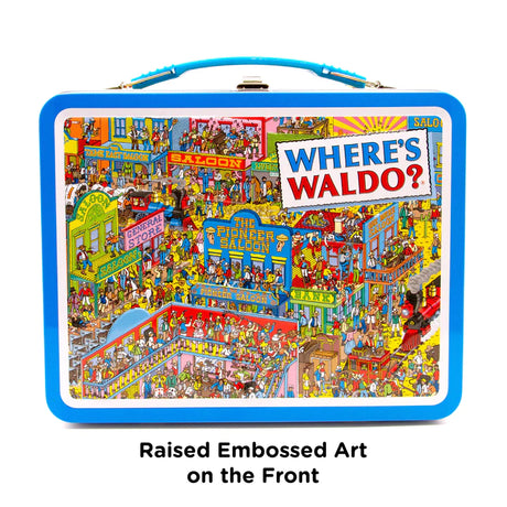 Where's Waldo Tin Fun Box with embossed colorful retro art and blue handle, perfect collectible storage container.