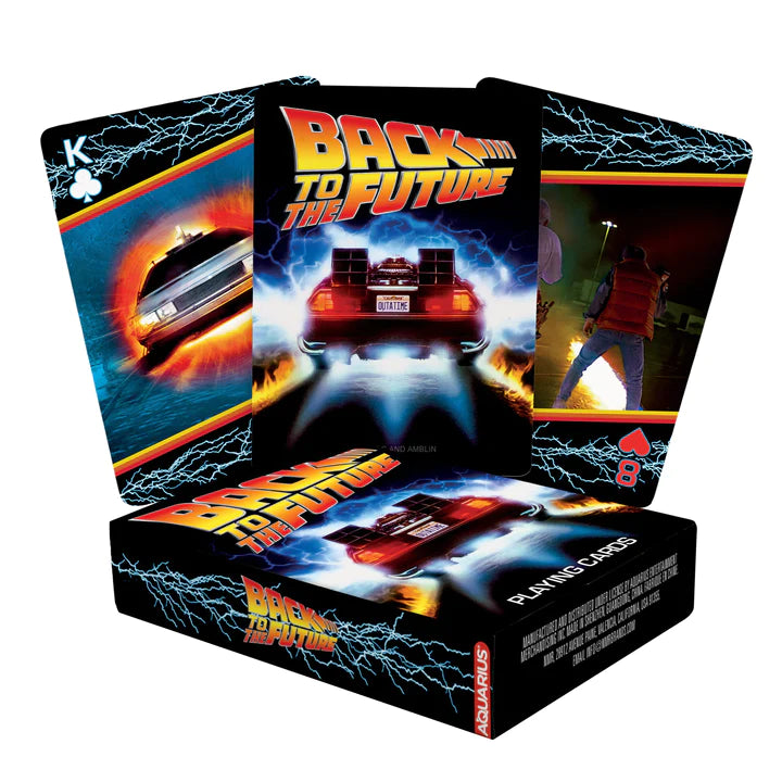 Back to the Future Playing Cards featuring iconic movie scenes, characters, and the DeLorean in a 54-card deck.