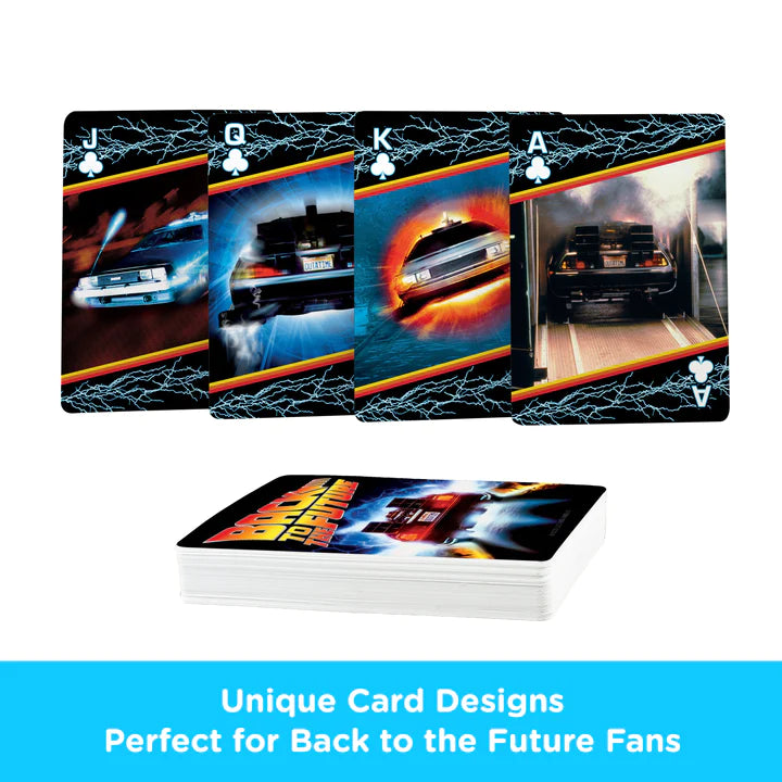 Back to the Future Playing Cards featuring iconic DeLorean designs in a unique 54-card poker deck.