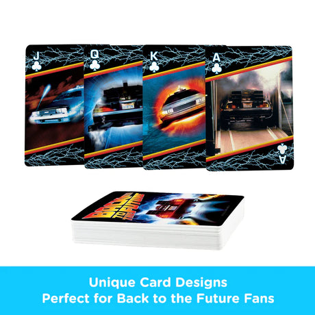 Back to the Future Playing Cards featuring iconic DeLorean designs in a unique 54-card poker deck.
