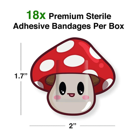 Mushroom Bandages featuring a cute red and white mushroom design, 18 sterile adhesive bandages per box, 1.7”x2”.