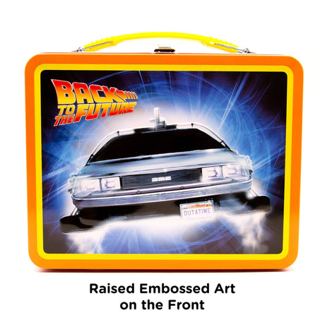 Back to the Future Tin Fun Box featuring raised embossed DeLorean art with a yellow handle and durable metal latch.