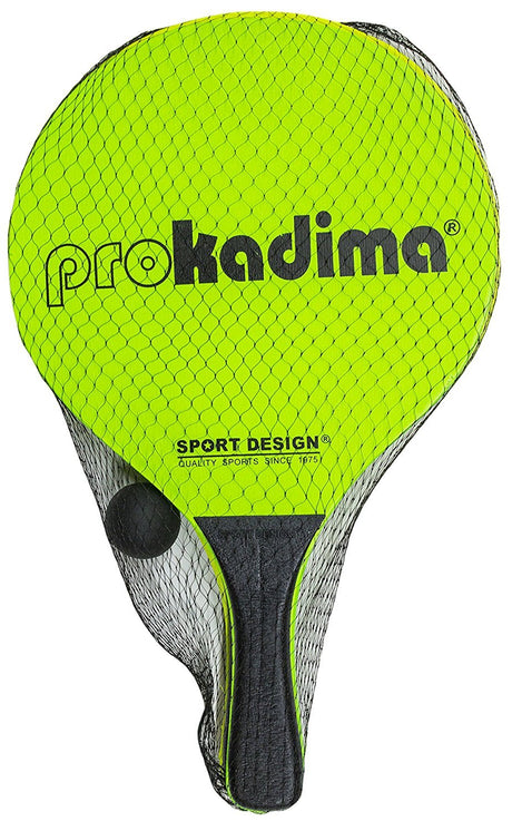Pro Kadima neon beach paddle set with ball in mesh bag, perfect for classic beach paddle tennis fun.