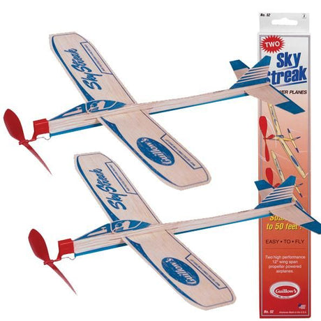 Two Sky Streak Balsa Planes with red propellers and blue accents, made of lightweight balsa wood for easy flying fun.