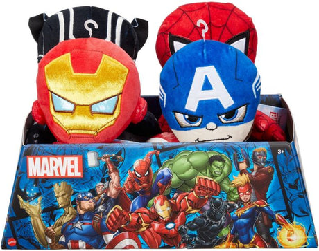 Marvel Plush Character featuring soft, huggable Iron Man, Captain America, and Spider-Man plush toys in display box.