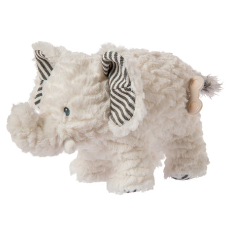 Afrique Elephant Musical plush toy with textured fur, striped ears, embroidered eyes, and a wind-up music feature.