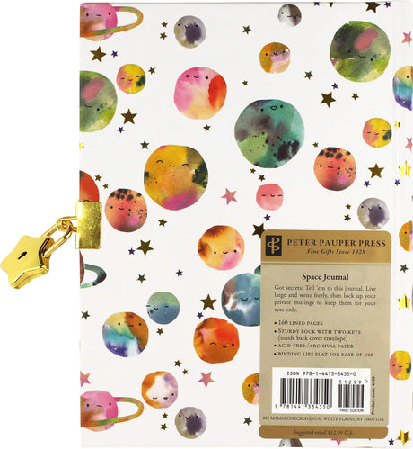 Space Diary locking journal with colorful smiling planets cover, gold foil, and two keys for secure private writing.