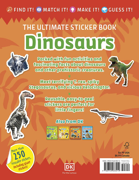 Ultimate Sticker Book Dinosaurs with reusable stickers and fun activities about T. rex, Stegosaurus, and Velociraptor.