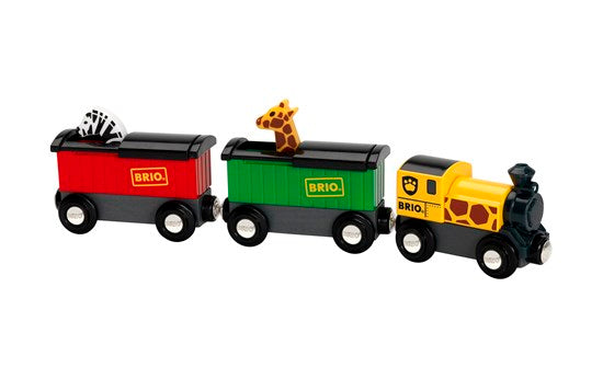 Safari Train with colorful animal figures including giraffe and zebra popping heads as roof slides on tracks.