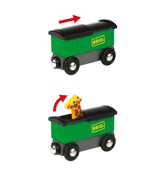 Safari Train green car with sliding rooftop revealing a popping giraffe toy for children ages 3 and up.
