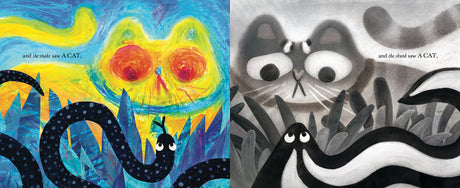 They All Saw a Cat book illustration showing colorful and grayscale imaginative views of a cat through different perspectives.