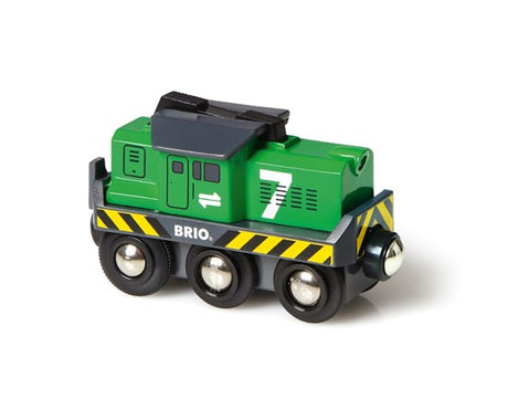 Battery-Powered Freight Engine green toy train with number 7 and black wheels on BRIO tracks for ages 3 and up