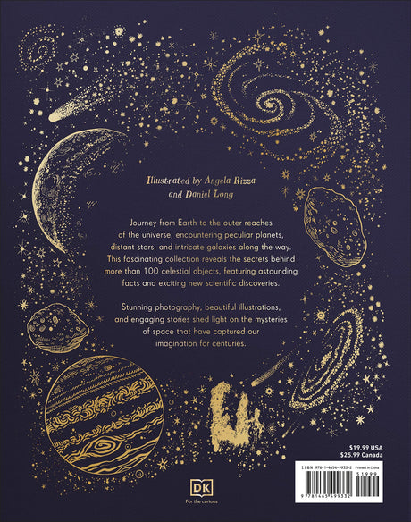 Back cover of Mysteries of the Universe book showing illustrated celestial objects and galaxies on dark background.