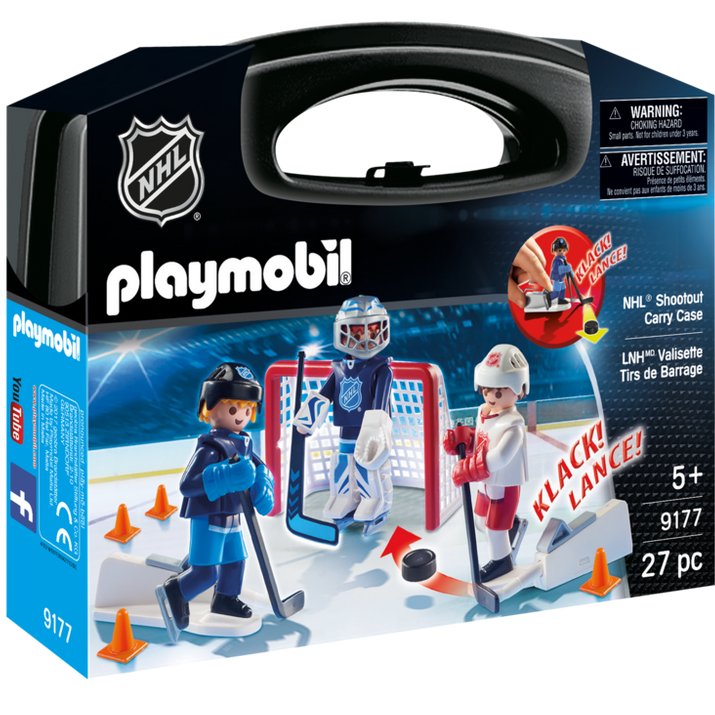 NHL Shootout Carry Case with two players, goalie, net, puck, and accessories for imaginative hockey play.