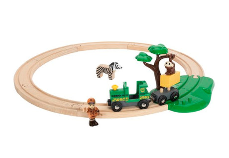 Safari Railway Set with wooden train track, engine, ranger figure, zebra, and monkey on the savannah scene.