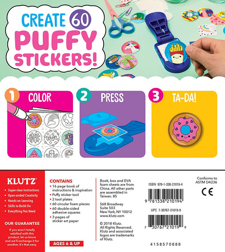 Make Your Own Puffy Stickers kit showing coloring, pressing, and finished squishy donut sticker steps.