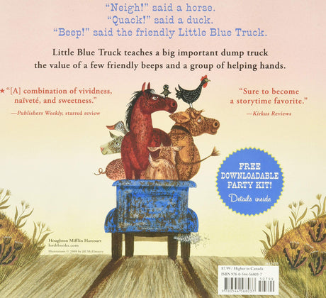 Back cover of Little Blue Truck showing farm animals in a blue truck on a muddy road with text and reviews.