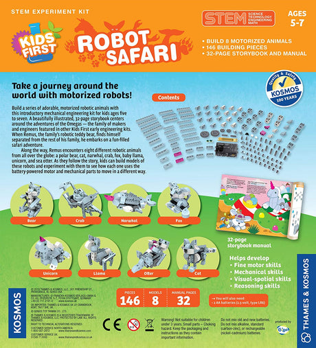 Robot Safari STEM kit for kids builds 8 motorized animal robots with storybook and easy-to-assemble parts ages 5-7.