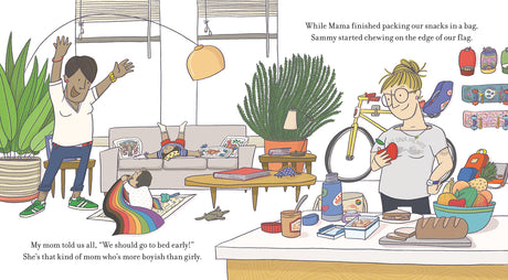 Twas the Night Before Pride" illustration shows a family preparing snacks and packing for Pride celebration at home.